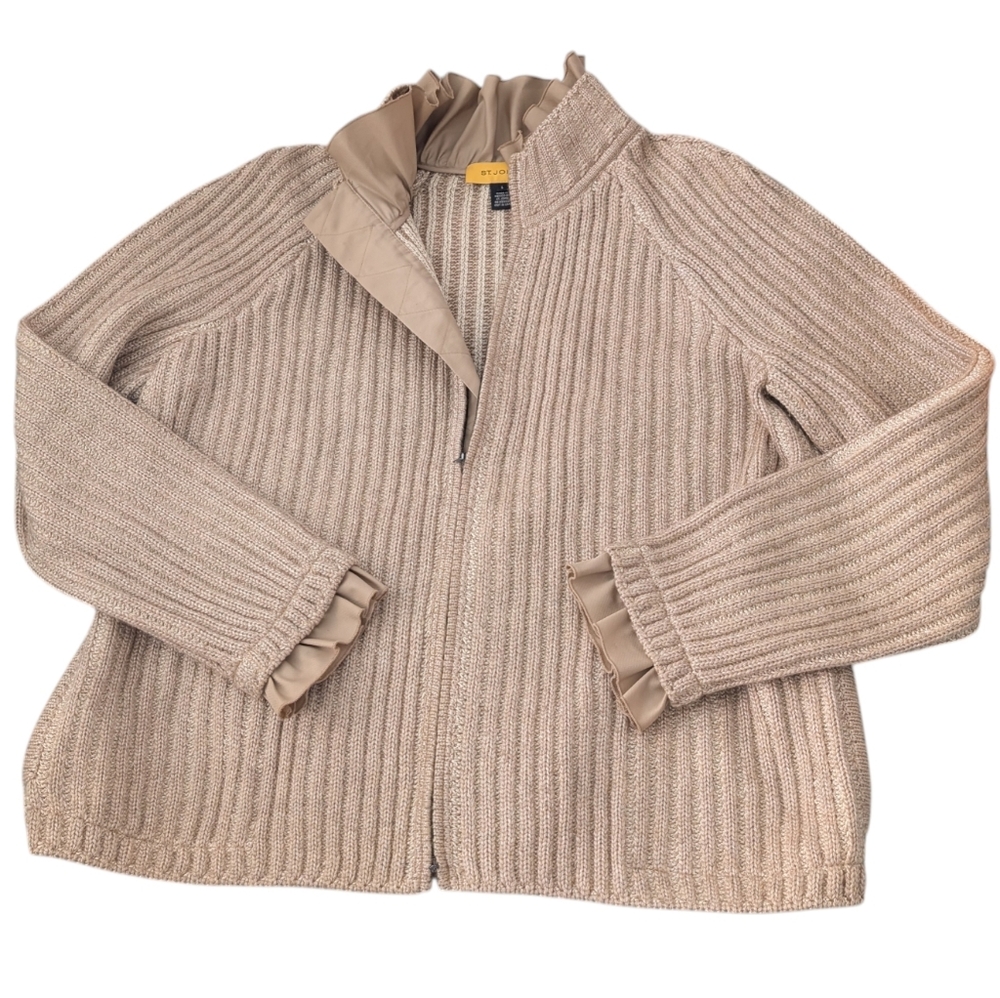 St. John Tan Cotton Wool Knit Cardigan Zip Up Jacket Women's Large Luxury